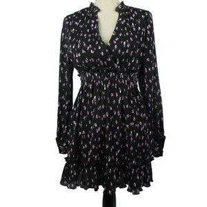 Zara Black Floral Long Sleeve Mini Dress W/ Ruffle Hemline Womens S New Romantic